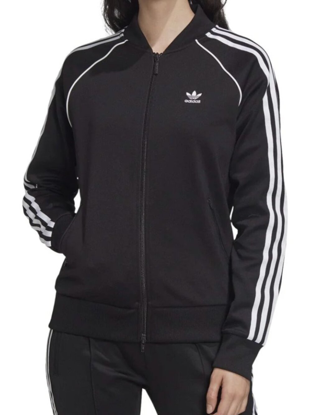 Adidas Women's (size M) Black Track Jacket with White 3-Stripe Detail